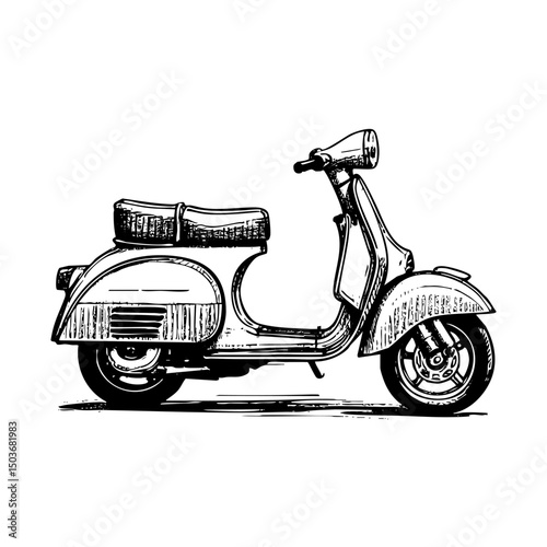 Scooter sketch engraving black and white outline. Scratch board imitation.  illustrated in vintage line art style on a white background.