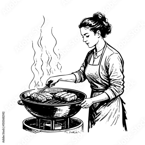 Mother cooking on grill barbeque sketch engraving black and white outline. Scratch board imitation.