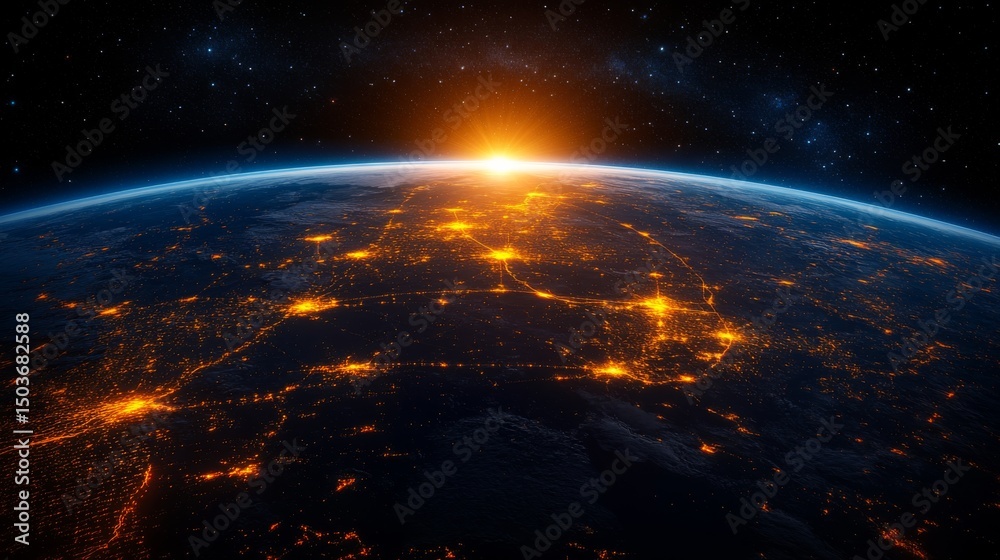 Fototapeta premium Stunning Earthrise Image Global City Lights at Sunrise from Space