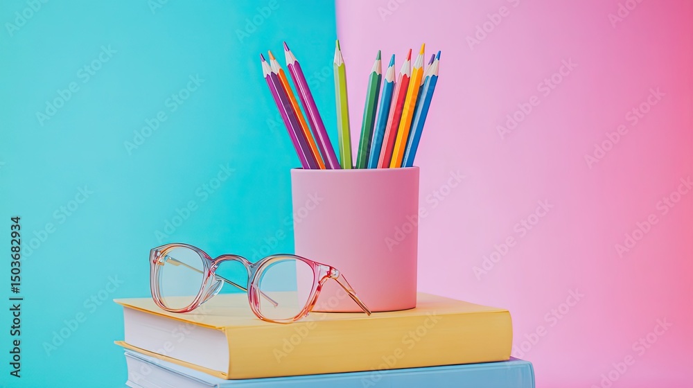 Fototapeta premium Back to School Still Life with Colorful Pencils and Glasses