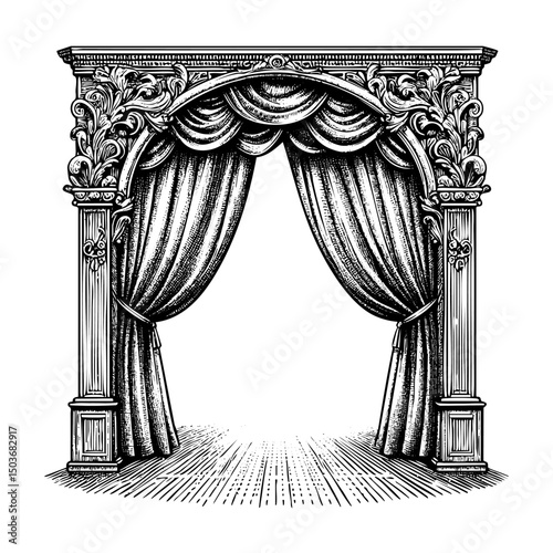 Curtain sketch engraving black and white outline. Scratch board imitation.  illustrated in vintage line art style on a white background.