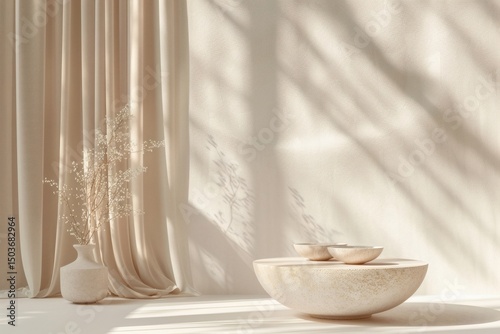 The product display stage features a refined texture, complemented by soft lighting and a gentle background photo