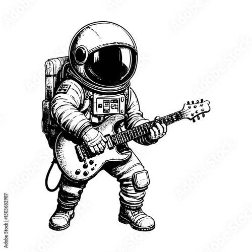 Astronaut playing guitar engraving black and white outline. Scratch board imitation.  illustrated in vintage line art style on a white background.