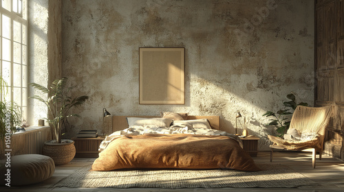 Cozy Scandinavian style bedroom with natural light and earthy tones, creating serene atmosphere