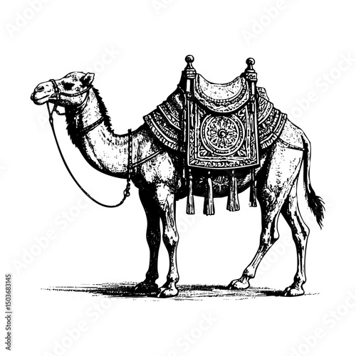 Camel engraving black and white outline. Scratch board imitation.