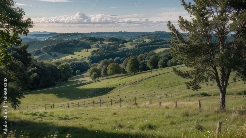 Naklejka premium Lush green hillsides and valleys under a partly cloudy sky.