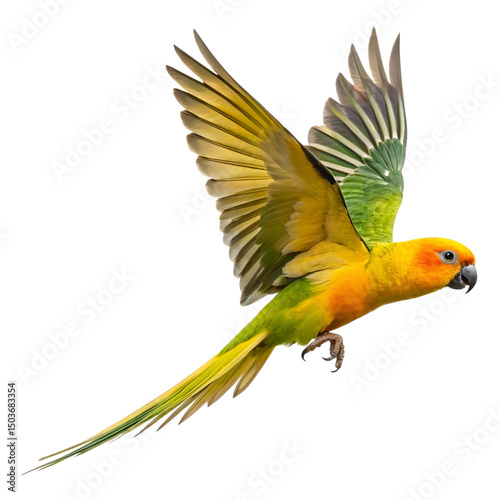 Flying Sun Conure Parakeet (Aratinga solstitialis) Isolated on Transparent Background