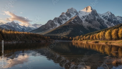 Picturesque mountain range reflected in a tranquil lake at dawn.