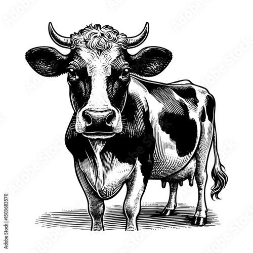 Dairy cow sketch engraving black and white outline. Scratch board imitation.  illustrated in vintage line art style on a white background.