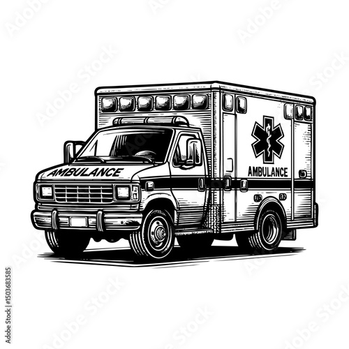 Ambulance sketch engraving black and white outline. Scratch board imitation.  illustrated in vintage line art style on a white background.