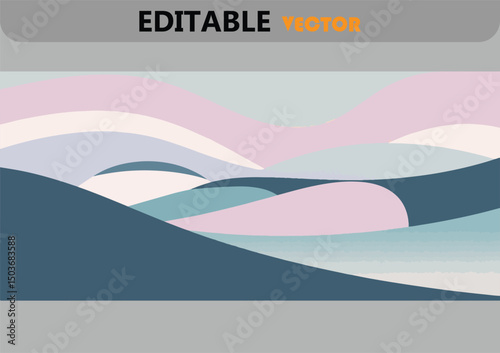 Abstract pastel landscape with curving hills and waves