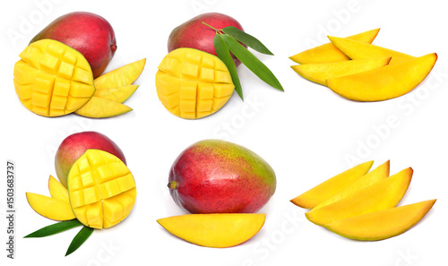 Set of fresh mango fruit slices, half and cubes isolated on white background. Flat lay, top view