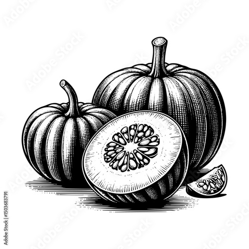 Pumpkin engraving black and white outline. Scratch board imitation.  illustrated in vintage line art style on a white background.