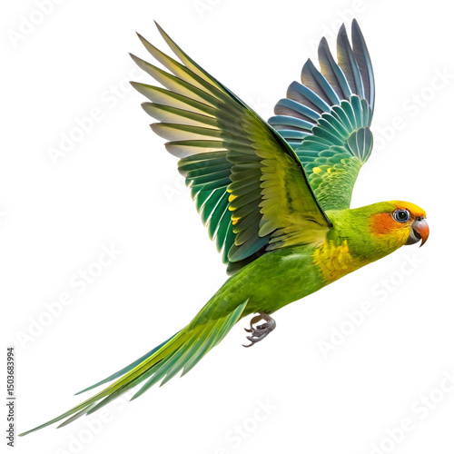Flying Sun Conure Parakeet (Aratinga solstitialis) Isolated on Transparent Background