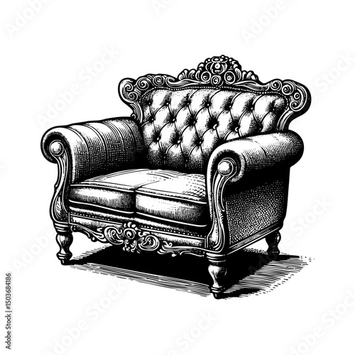 Leather sofa engraving black and white outline. Scratch board imitation.  illustrated in vintage line art style on a white background.
