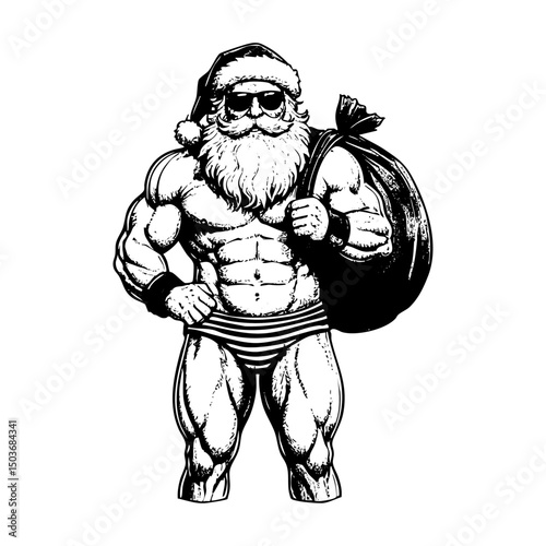 Body builder wear santa clause hat sketch engraving black and white outline. Scratch board imitation.