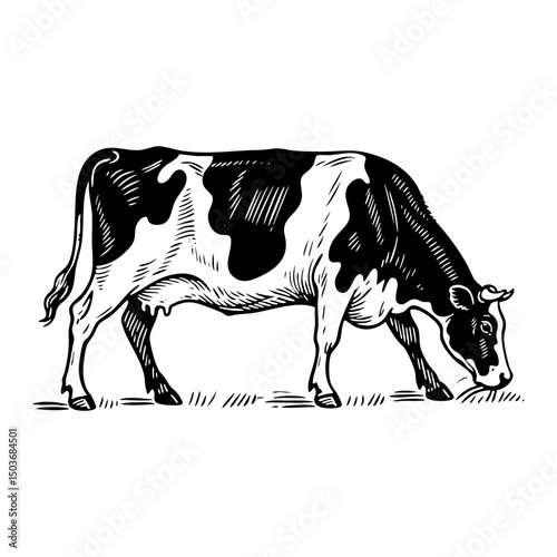 Dairy cow sketch engraving black and white outline. Scratch board imitation.  illustrated in vintage line art style on a white background.