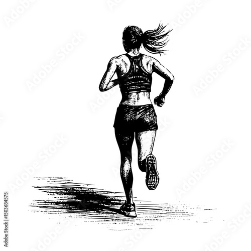 woman running back view sketch engraving black and white outline. Scratch board imitation.