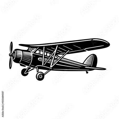 retro airplane flying in the sky engraving black and white outline. Scratch board imitation.