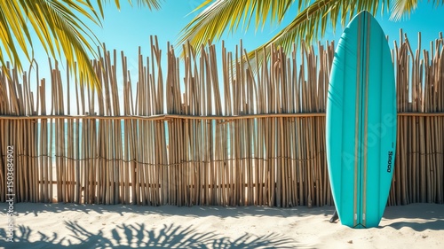 Fototapeta Naklejka Na Ścianę i Meble -  A teal surfboard leans against a rustic bamboo fence on a pristine beach with palm trees providing shade on a sunny day.