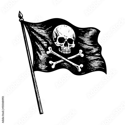 Pirate flag waving sketch engraving black and white outline. Scratch board imitation.  illustrated in vintage line art style on a white background.