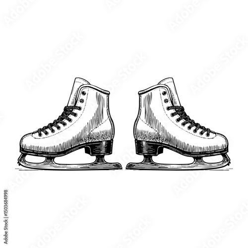 Ice skating shoe engraving black and white outline. Scratch board imitation.  illustrated in vintage line art style on a white background.