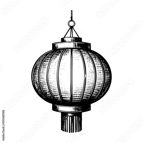 Chinese lantern sketch engraving black and white outline. Scratch board imitation.