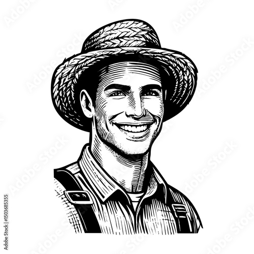 farmer wearing straw hat engraving black and white outline. Scratch board imitation.