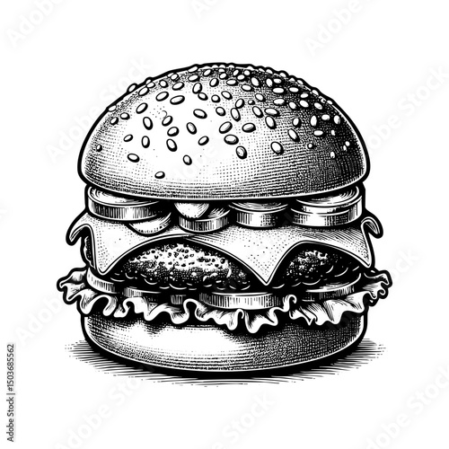Hamburger sketch engraving black and white outline. Scratch board imitation.  illustrated in vintage line art style on a white background.