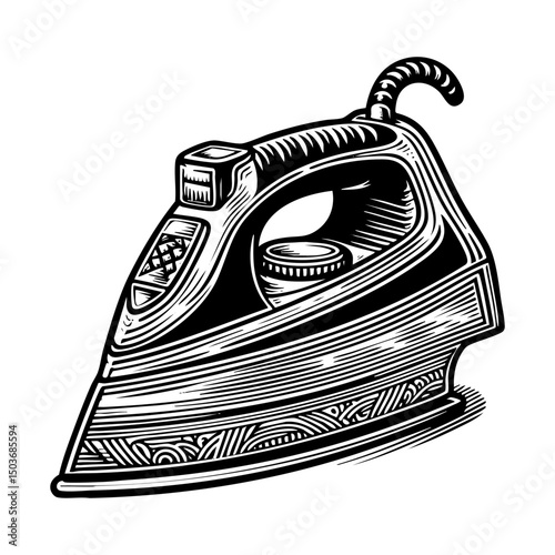 Steam cloth iron sketch engraving black and white outline. Scratch board imitation.