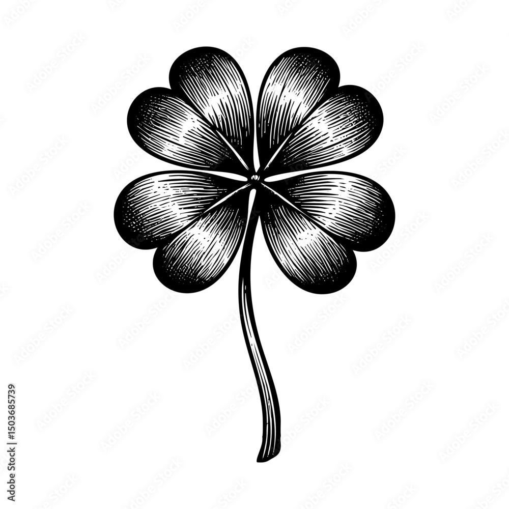 Clover leaf sketch engraving black and white outline. Scratch board imitation.  illustrated in vintage line art style on a white background.