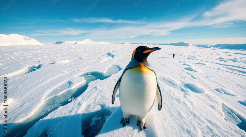 Fototapeta premium A moody cinematic-style illustration of a majestic Emperor Penguin on an Antarctic ice shelf under a bright blue sky. with generative ai