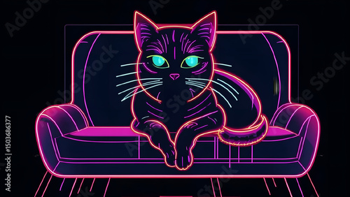 Neon outline of a cat, lying in an armchair. Digital image on a black background. The eyes glow with neon light.