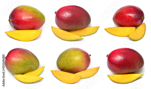 Set fresh mango fruit whole and slices isolated on white background. Flat lay, top view
