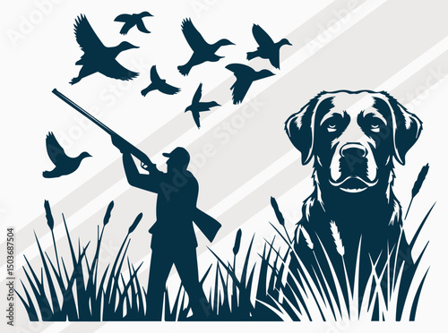 Hunter with Dog Aiming at Flying Birds in Nature Landscape, Hunting svg, Hunting Season svg, Duck Hunting, Hunting Shirt.