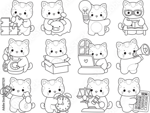 Outline of a bunch of cute cat with various activities.
Lineart of Kawaii animal kitty for scrapbook and sticker.