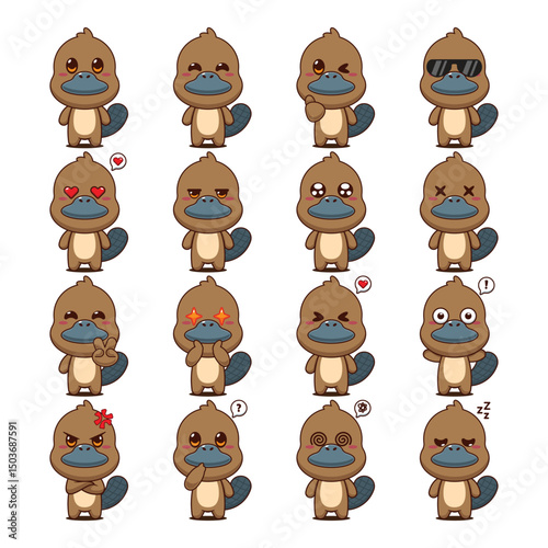 Set of cute platypus cartoon mascot character illustration.