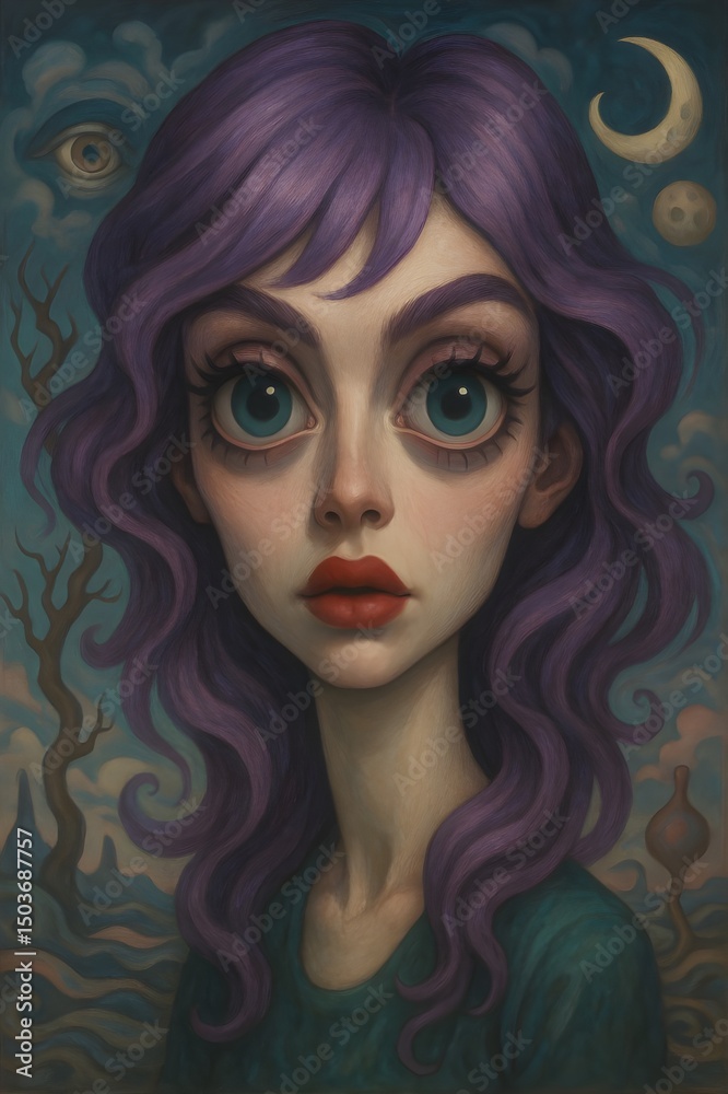 Fototapeta premium Pop Surrealism Portrait with Purple Hair and Dreamlike Atmosphere 