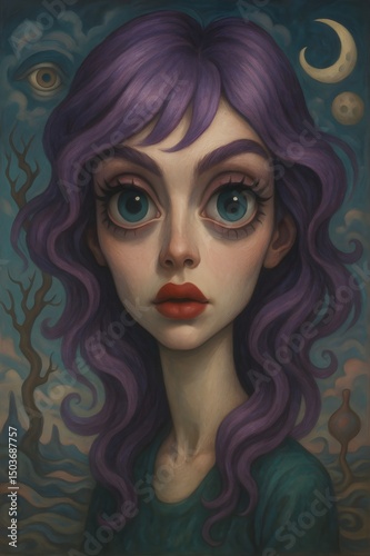 Pop Surrealism Portrait with Purple Hair and Dreamlike Atmosphere 