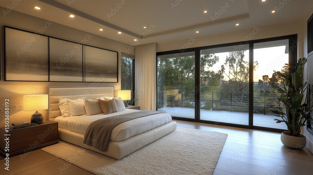 Fototapeta premium Modern cream and white master bedroom with large sliding doors and serene view