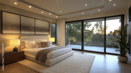 Wallpaper Mural Modern cream and white master bedroom with large sliding doors and serene view Torontodigital.ca