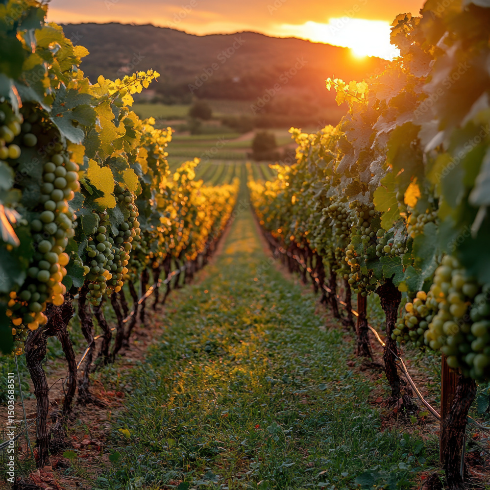 Naklejka premium Sunset sky over lush green vineyard rows.