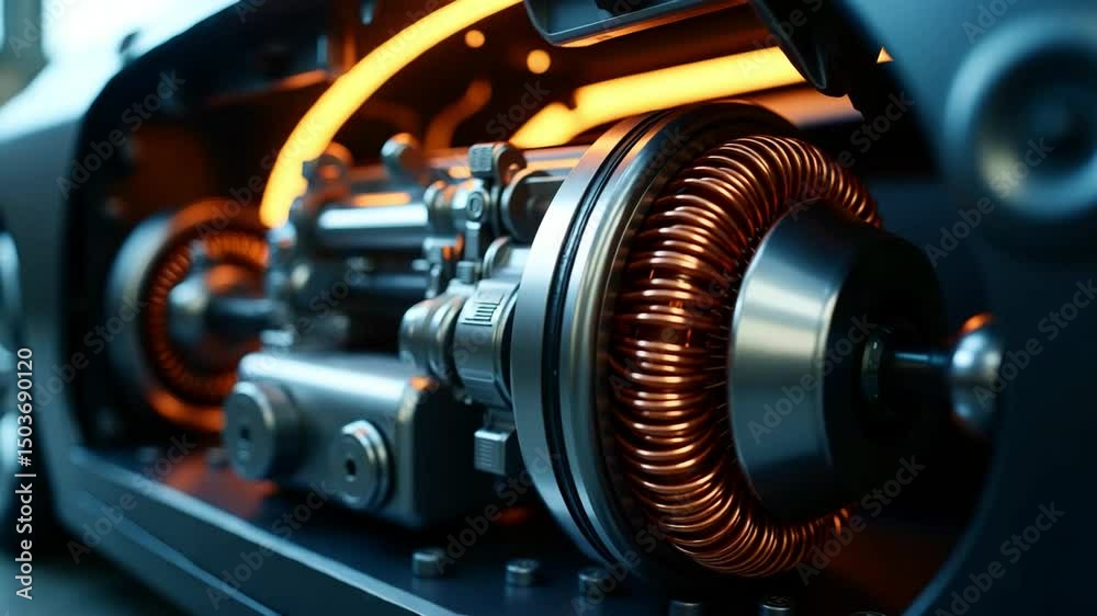 Macro shot of electric motor rotor inside an EV showcasing intricate coil and copper wiring technology used for high-efficiency power generation