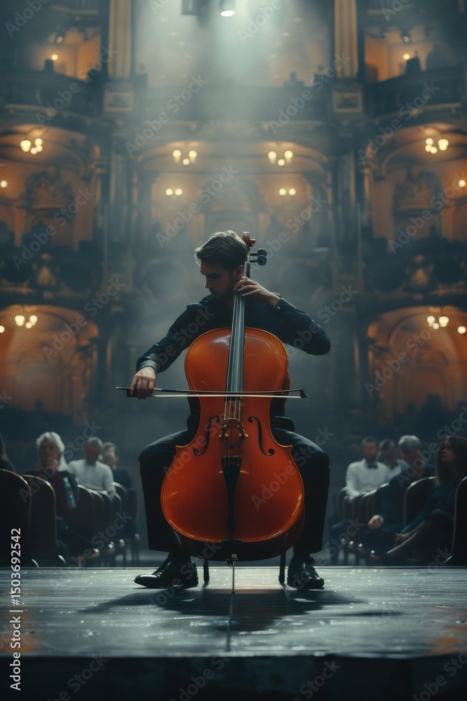 Fototapeta premium The cellist performs passionately on stage, the deep melody filling the entire concert hall