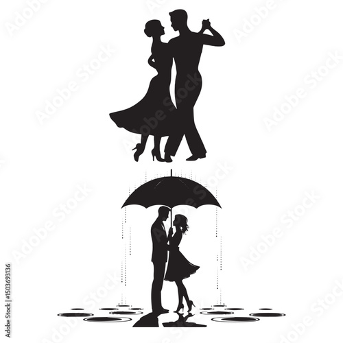 silhouette of romantic couple dancing and kissing under umbrella with water reflections representing love romance and intimacy in rainy weather black and white concept