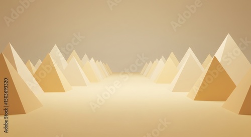 Abstract Pyramid Landscape in Muted Yellow Tones, Geometric Minimalism