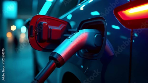 Close-up of red electric charging port plugged into car, symbolizing efficient energy refueling and eco-conscious transportation