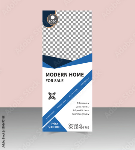 Modern Real Estate Roll-Up Banner Design Template for Property Promotion, Realtor Advertising, Open House Events, and Real Estate Agency Marketing Display Stand
