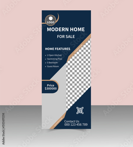 Modern Real Estate Roll-Up Banner Design Template for Property Promotion, Realtor Advertising, Open House Events, and Real Estate Agency Marketing Display Stand