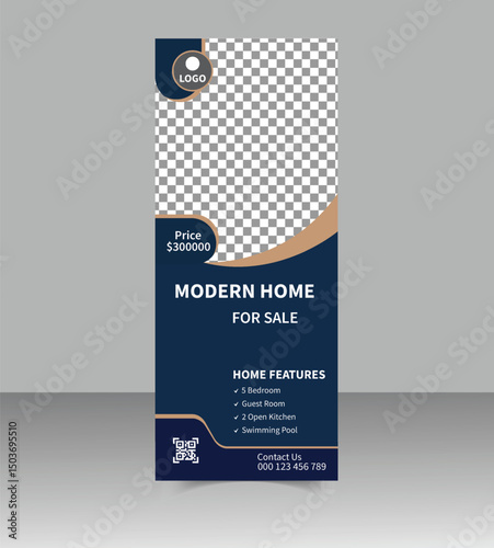 Modern Real Estate Roll-Up Banner Design Template for Property Promotion, Realtor Advertising, Open House Events, and Real Estate Agency Marketing Display Stand